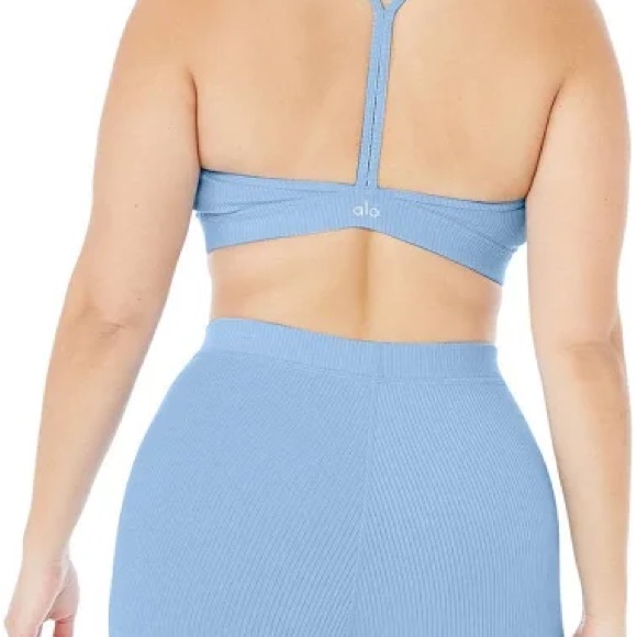 ALO Blissful Rib Knit Sports Bra in Ocean Teal - Picture 3 of 7